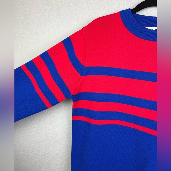 VTG 70s Liberty Bell Women's Medium Blue Red Striped Crewneck Apres Ski Sweater - Picture 2 of 11